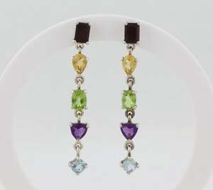 Sterling Silver Natural Multi Gemstone Earrings Dangle Drop 2" x 1/4"